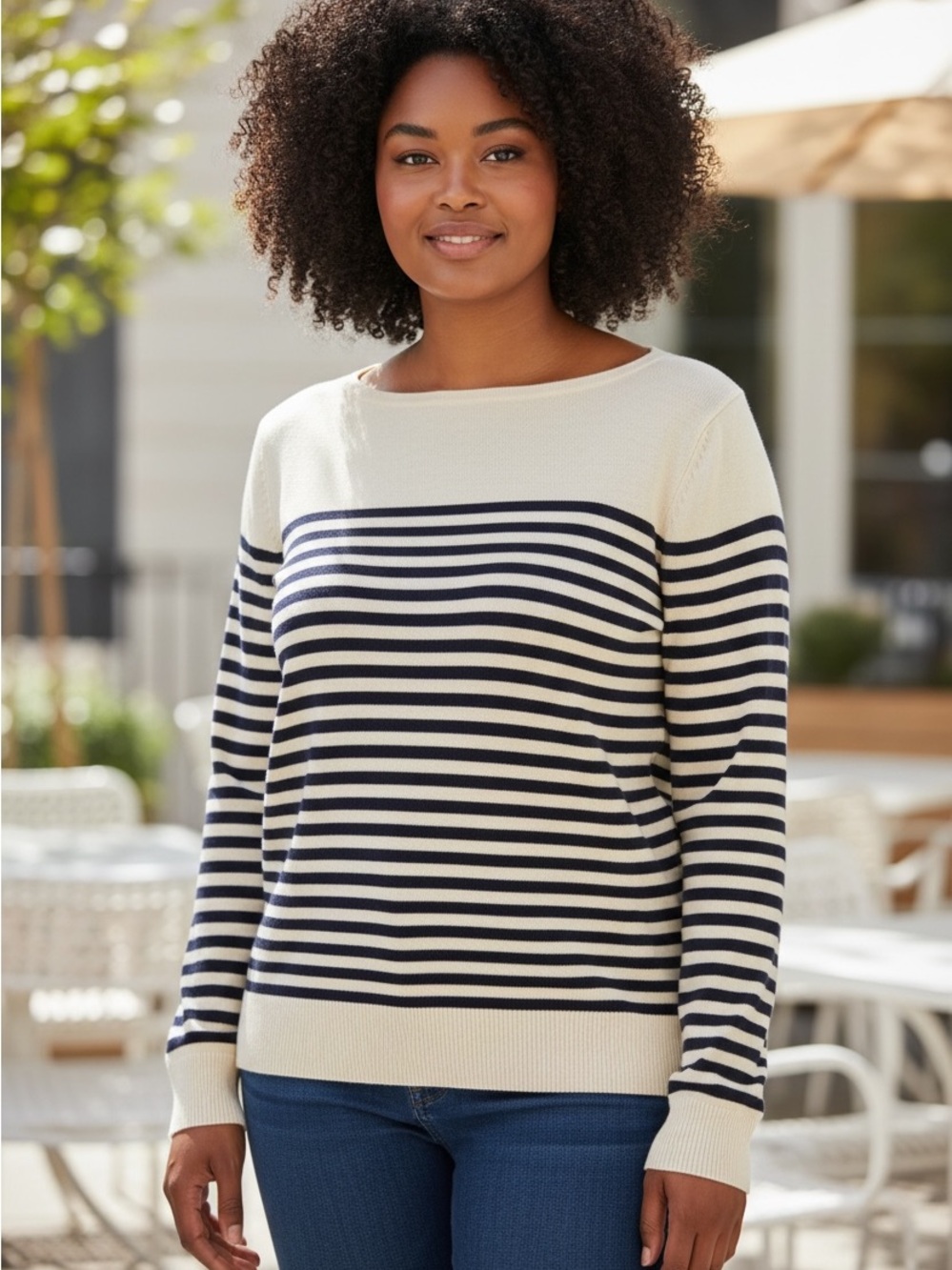 Quiet Minimalist Ralph Lauren Cream and Navy Striped Crewneck Sweater